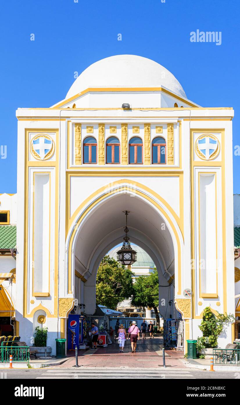 Eingang Nea Agora, Rhodos Stadt, Griechenland Stockfoto