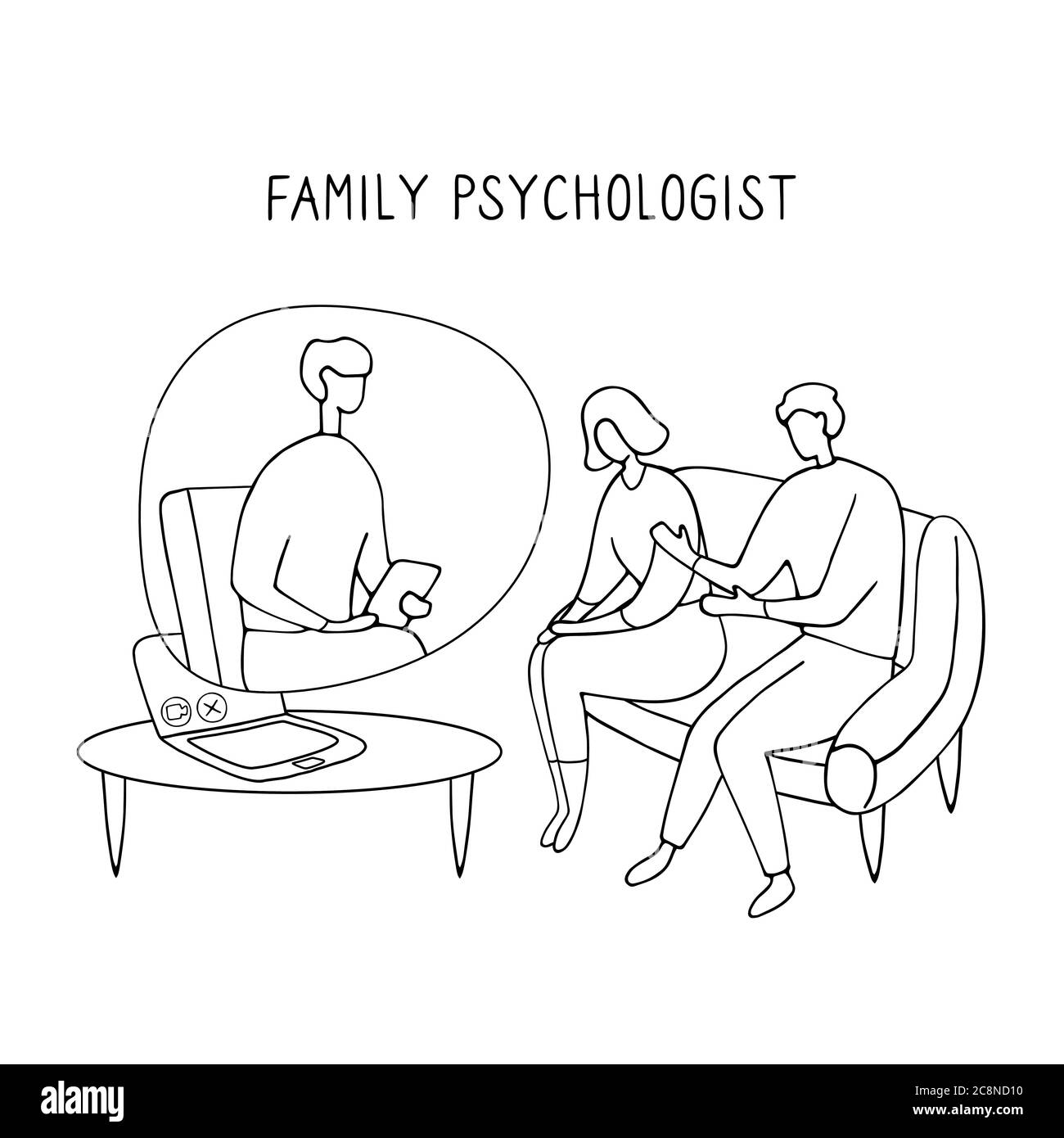 Familienpsychologe. Online-Beratung für Paare. Patienten bei psychologischer Beratung. Lineare Doodle-Illustration Stock Vektor