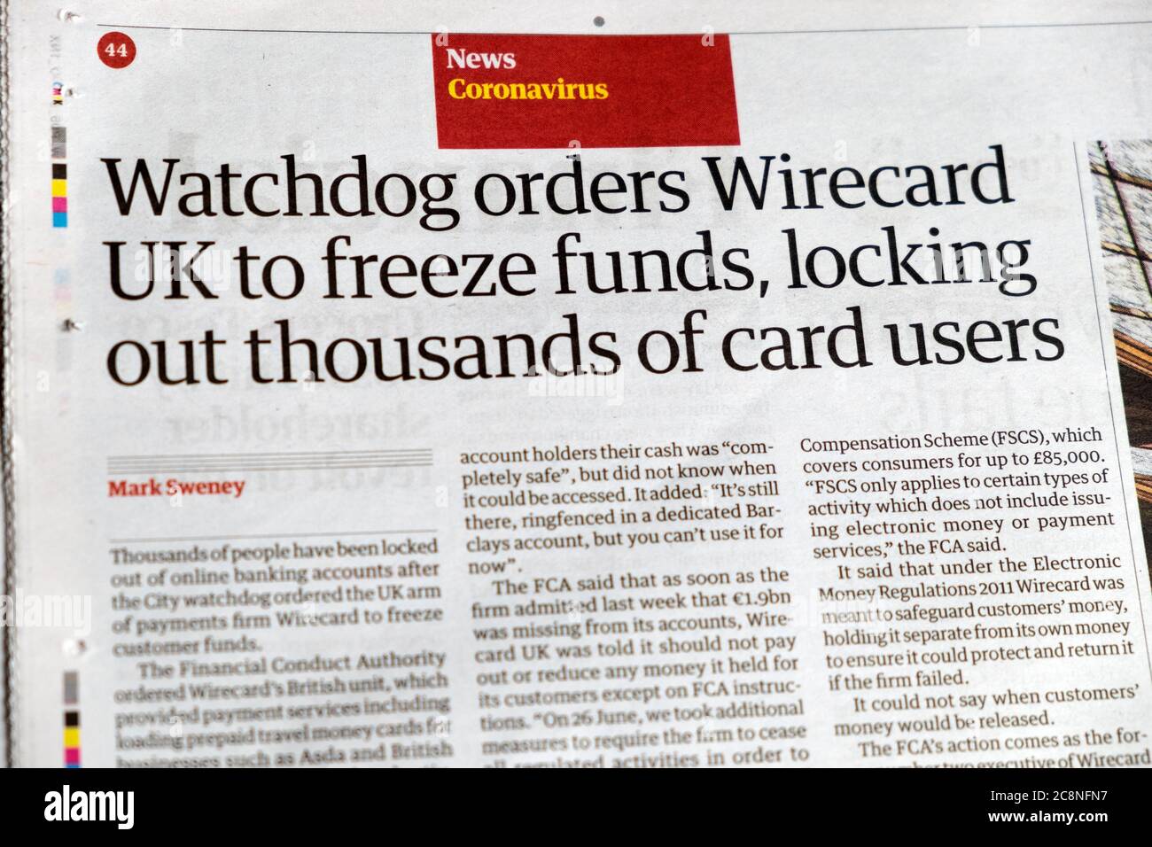 Coronavirus Zeitung Schlagzeile News Artikel "Watchdog bestellt Wirecard UK, um Gelder einzufrieren, Sperren aus Tausende von Kartennutzern" Guardian 26 Juni 2020 Stockfoto