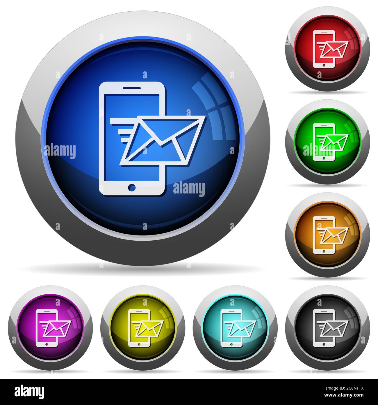 Set mit runden glänzenden E-Mail-Schaltflächen zum Senden. Angeordnete Ebenenstruktur. Stock Vektor