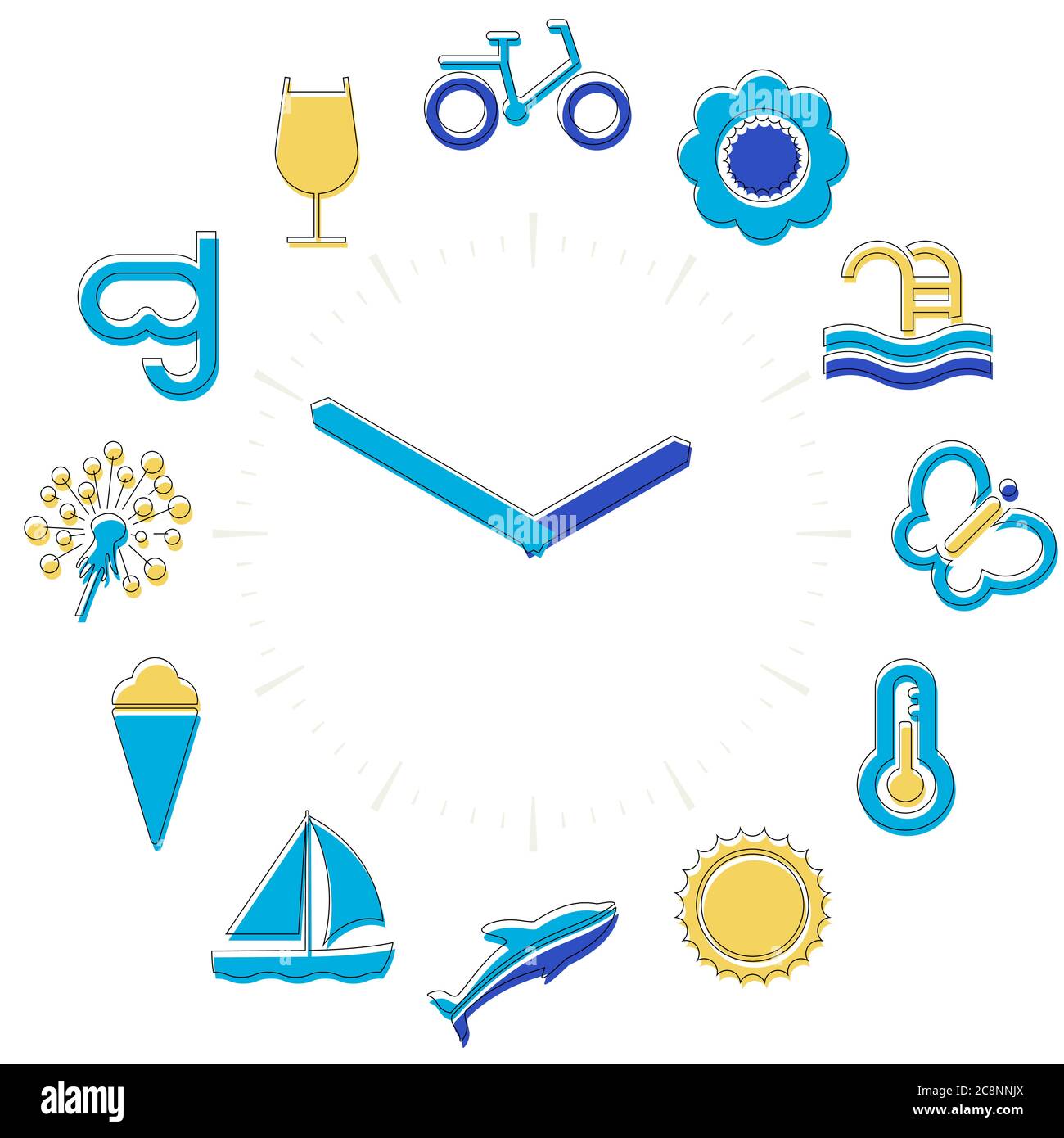 Vector Illustration. Sommer. Aktivitäten Symbole in eine Uhr mit Stunden. Stock Vektor