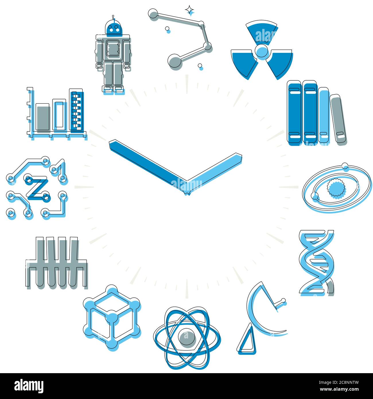 Vector Illustration. Wissenschaft Zeit. Aktivitäten Symbole in eine Uhr mit Stunden. Stock Vektor