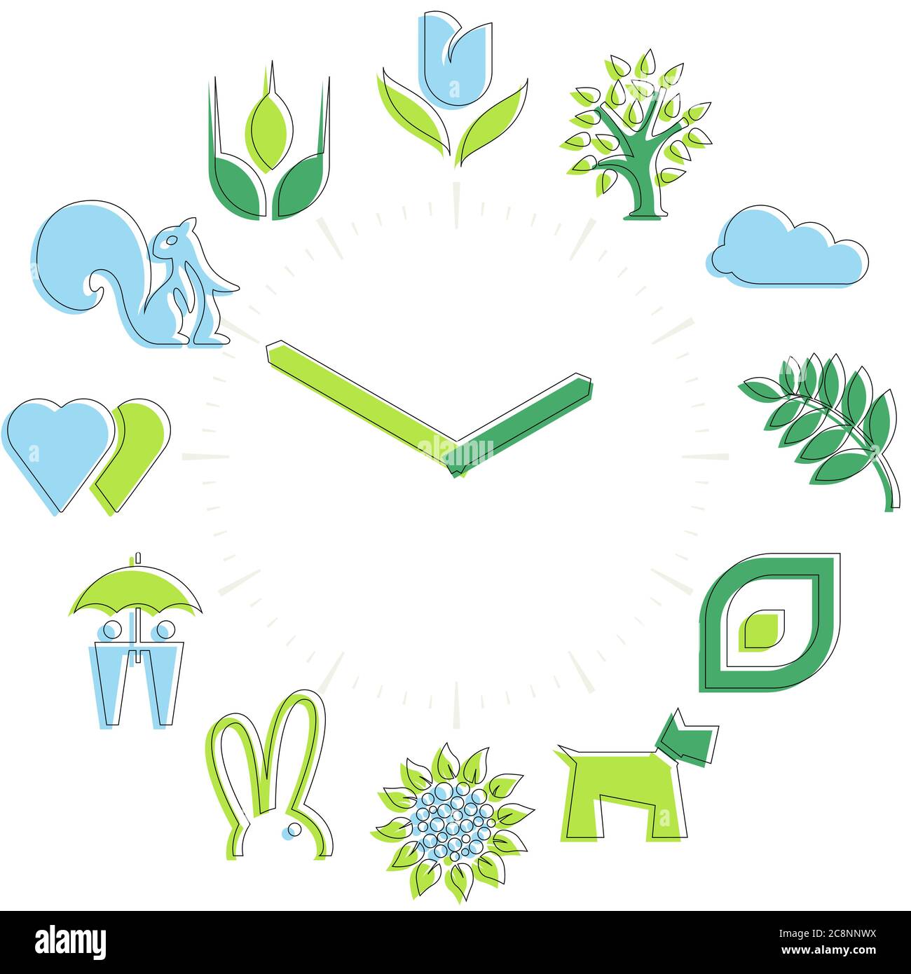 Vector Illustration. Frühling. Aktivitäten Symbole in eine Uhr mit Stunden. Stock Vektor