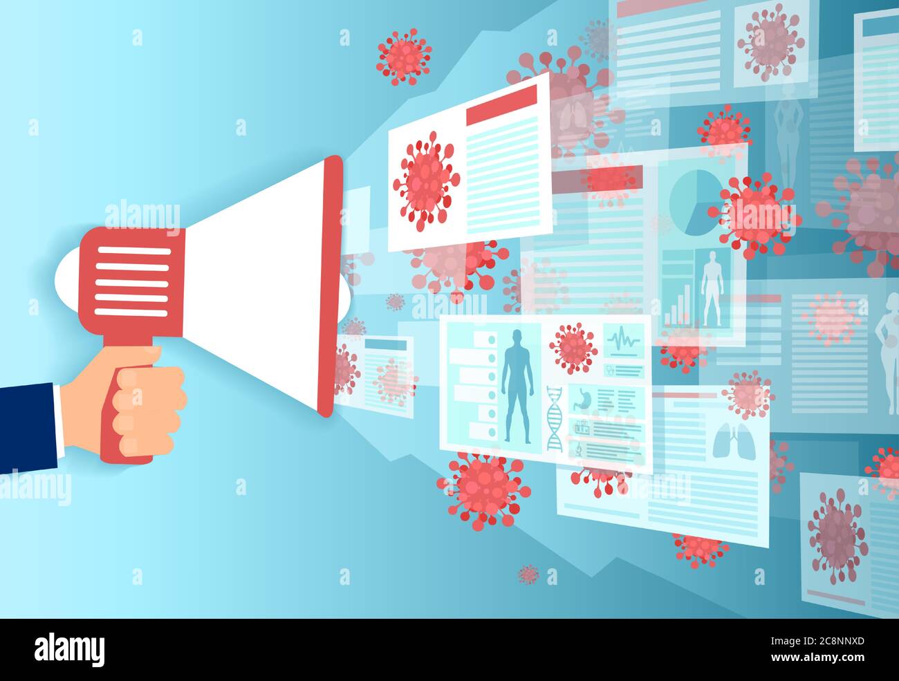 Vektor einer Hand mit Megaphon Verbreitung Social Media Nachrichten über Coronavirus-Infektion Stock Vektor