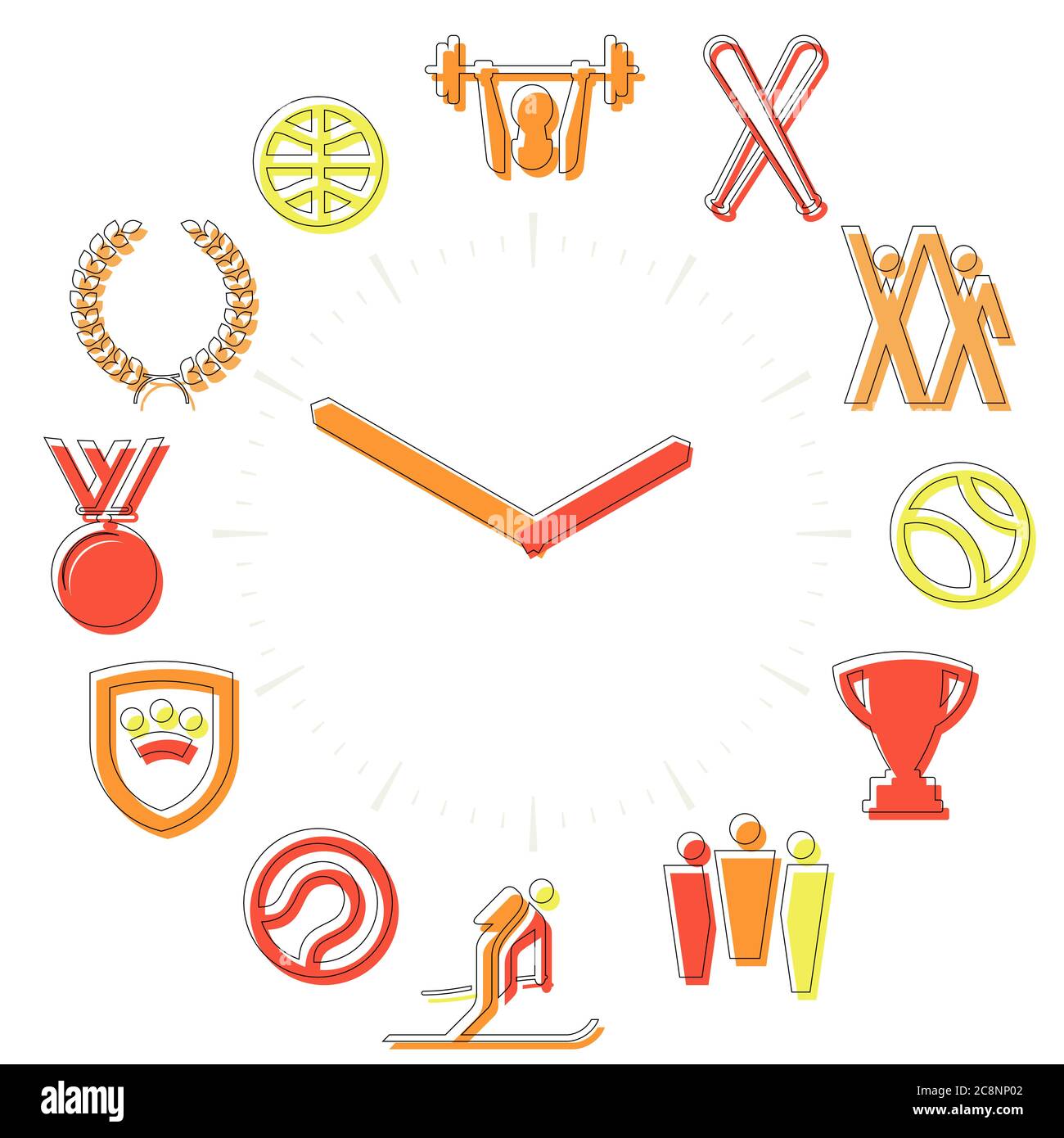 Vector Illustration. Sport Zeit. Aktivitäten Symbole in eine Uhr mit Stunden. Stock Vektor