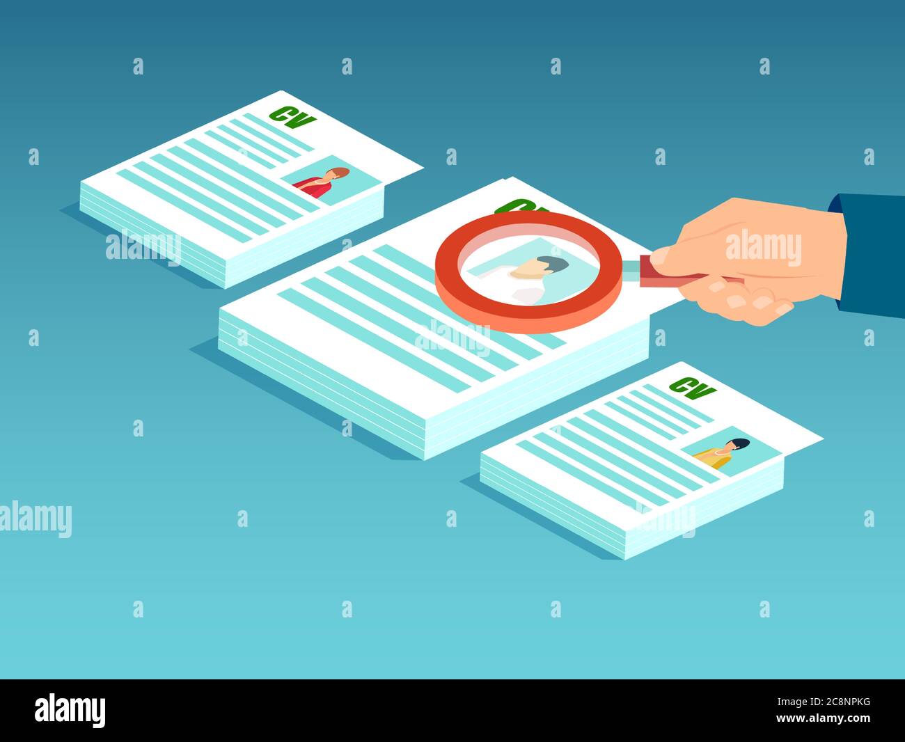 Personalsuche und Rekrutierungskonzept. Vektor eines Geschäftsmannes mit Lupe Überprüfung Bewerber Lebenslauf Stock Vektor