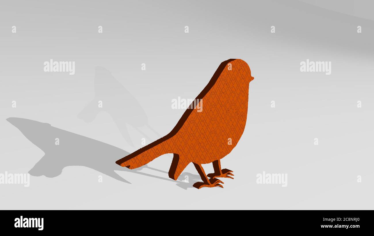 VOGEL gemacht durch 3D-Illustration einer glänzenden Metallskulptur an einer Wand mit hellem Hintergrund. Tier und schön Stockfoto