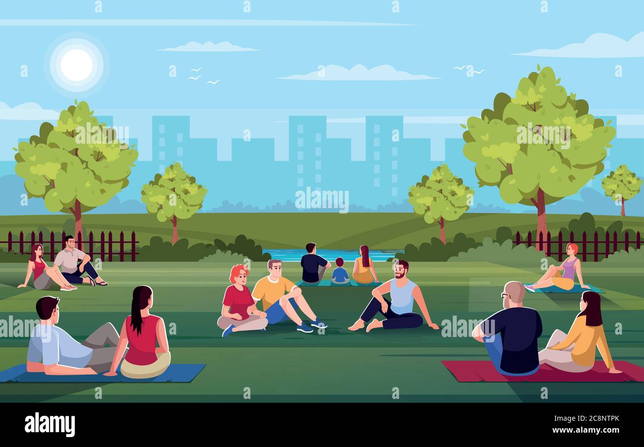 Stadtpark semi flach Vektor-Illustration. Freunde ruhen sich draußen zusammen. Sommerrekreation für die Familie im Freien. Sitzen Sie auf der Decke und Lounge. Ruhe-cro Stock Vektor