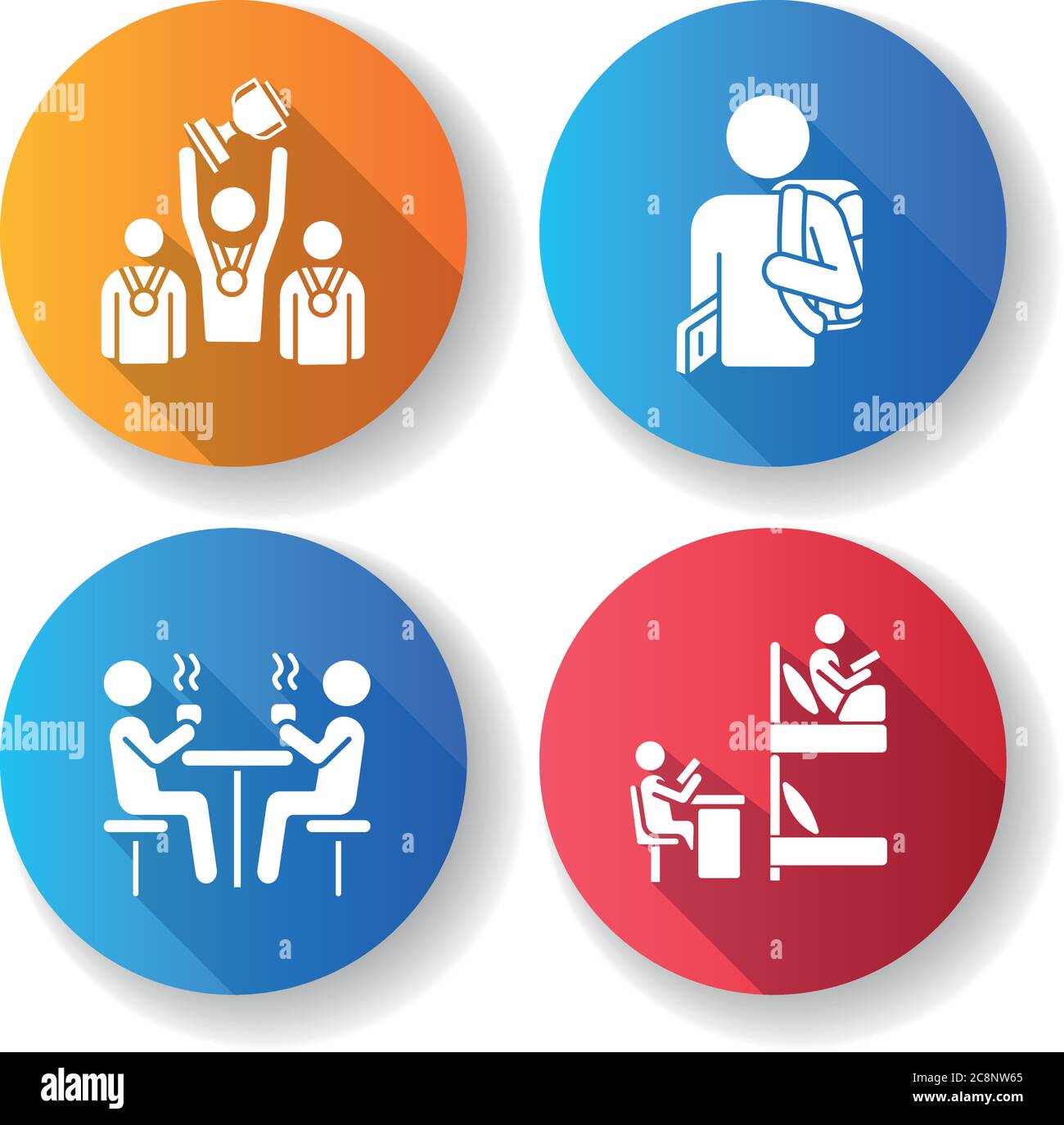 Student Leben flach Design lange Schatten Glyphe Symbole gesetzt. Campus Leben und Aktivität. Universitätsleben. Mitbewohner studieren im Schlafsaal. Leute, trinke Stock Vektor