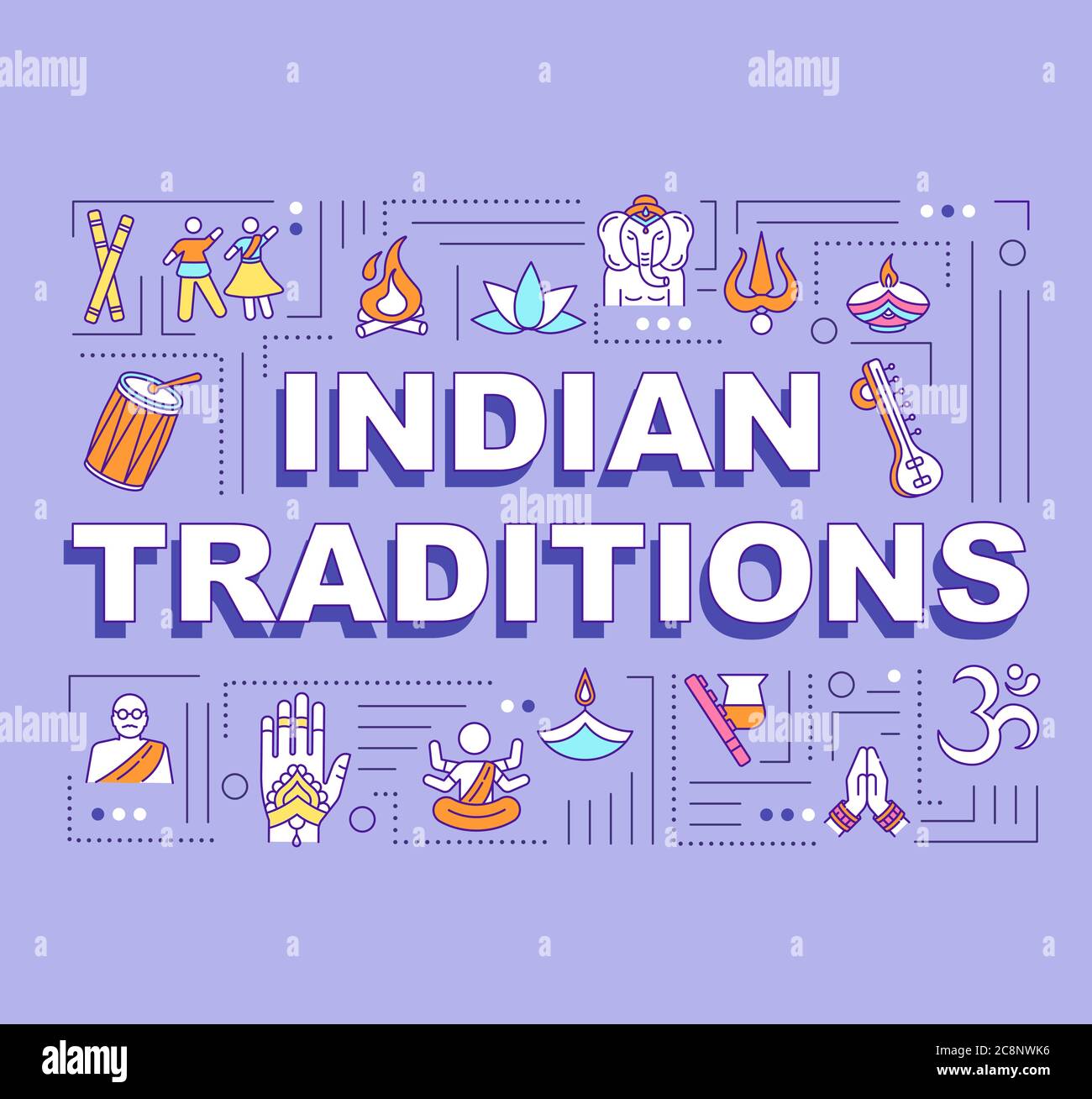 Indische Traditionen Wort Konzepte Banner. Ntional Feiertage und kulturelle Festivals von Indien Infografiken mit linearen Icons auf lila Hintergrund. Isoliert Stock Vektor