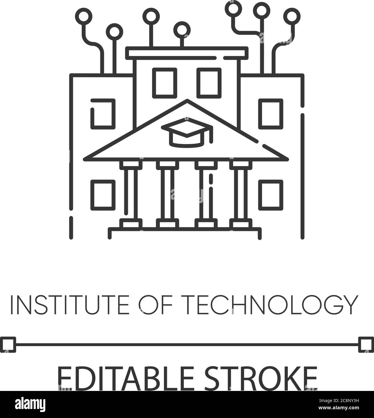 Institut für Technologie Pixel perfekte lineare Symbol. Professionelle IT College, Hochschulbildung dünne Linie anpassbare Illustration. Kontursymbol. Vect Stock Vektor