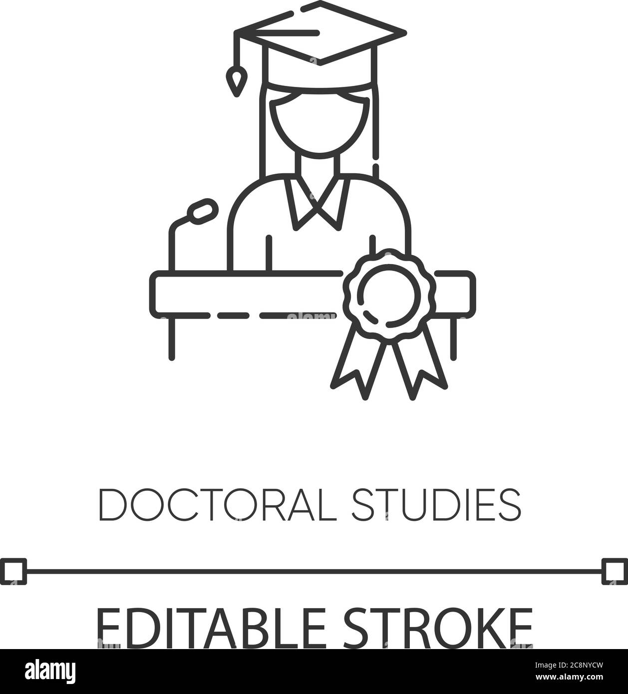 Doktorstudien Pixel perfekte lineare Symbol. College Abschluss, akademische Leistung dünne Linie anpassbare Illustration. Kontursymbol. Doktorand Stock Vektor