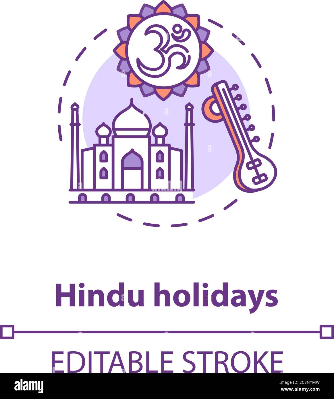Symbol für Hindu-Feiertage. Indische Religion, hinduismus Idee dünne Linie Illustration. Traditionen Indiens. Taj Mahal und om Zeichen Vektor isoliert Umriss Stock Vektor