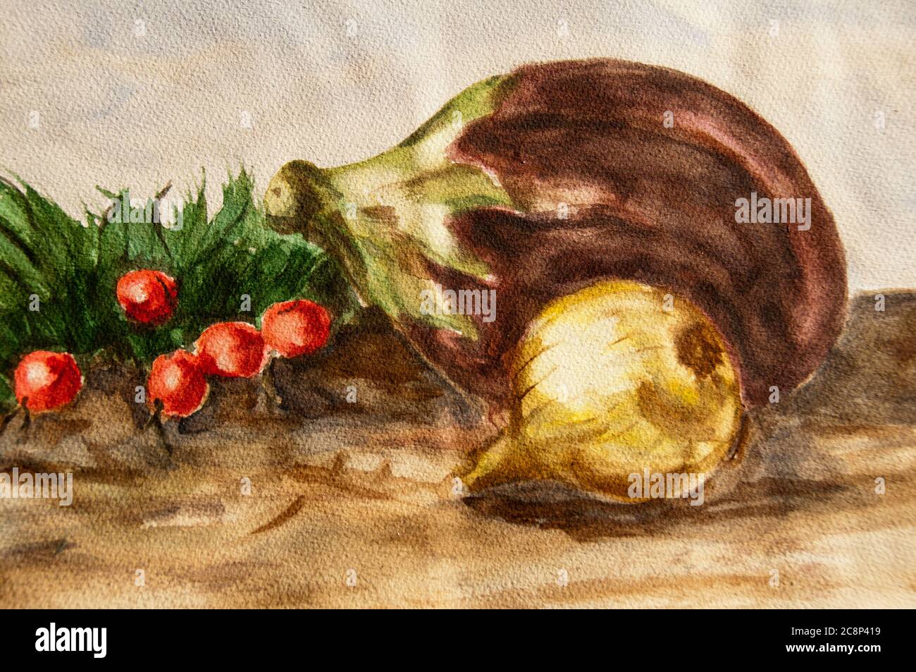Stillleben Komposition von Auberginen, Zwiebeln, Radieschen - handgemachte Aquarell Malerei Illustration auf einem weißen Papier Kunst (Ich bin der einzige Autor dieser Kunst Stockfoto