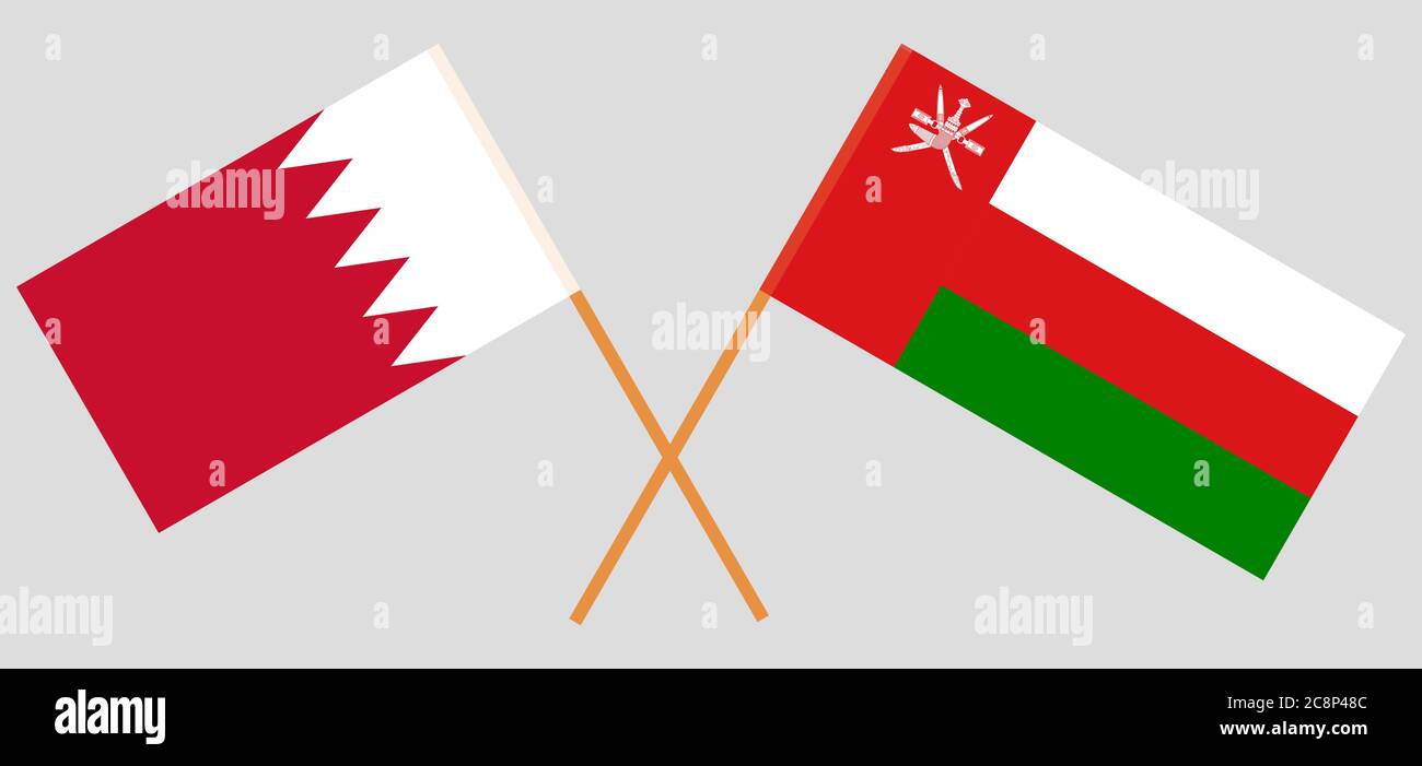Gekreuzte Flaggen von Oman und Bahrain. Offizielle Farben. Korrektes Verhältnis. Vektorgrafik Stock Vektor