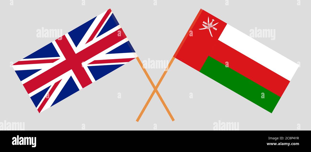 Gekreuzte Flaggen von Oman und Großbritannien. Offizielle Farben. Korrektes Verhältnis. Vektorgrafik Stock Vektor