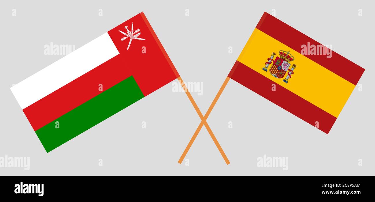 Gekreuzte Flaggen von Oman und Spanien. Offizielle Farben. Korrektes Verhältnis. Vektorgrafik Stock Vektor