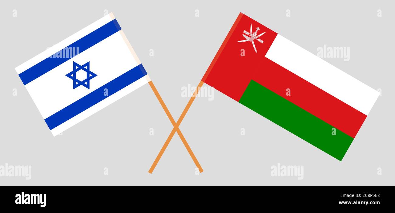 Gekreuzte Flaggen von Oman und Israel. Offizielle Farben. Korrektes Verhältnis. Vektorgrafik Stock Vektor