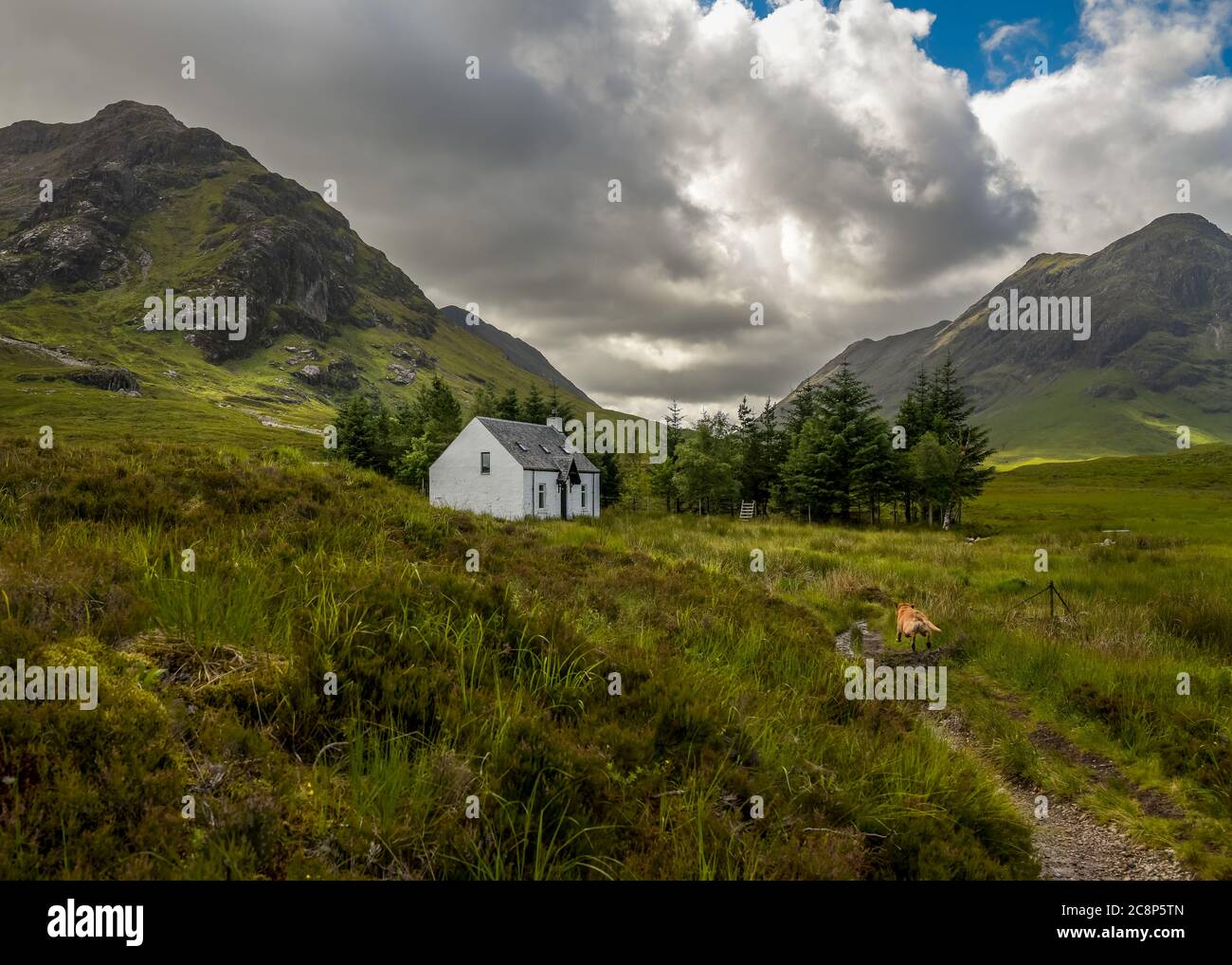 Am Little White House of Glen Coe in den schottischen Highlands mit sich schnell bewegenden Wolken und Sonnenmuster Stockfoto