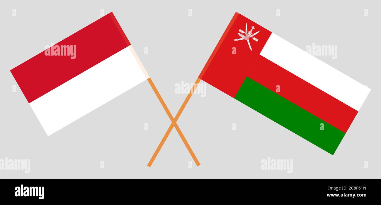 Gekreuzte Flaggen von Oman und Indonesien. Offizielle Farben. Korrektes Verhältnis. Vektorgrafik Stock Vektor