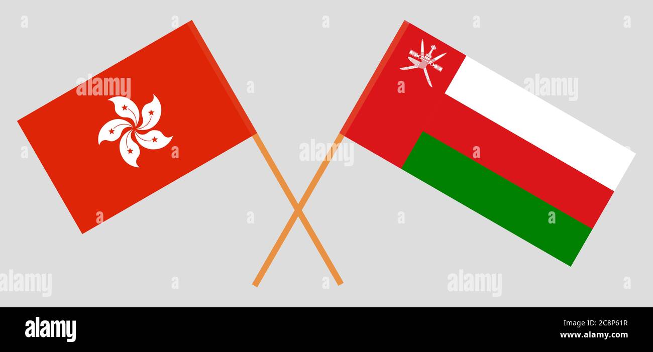 Gekreuzte Flaggen von Oman und Hongkong. Offizielle Farben. Korrektes Verhältnis. Vektorgrafik Stock Vektor