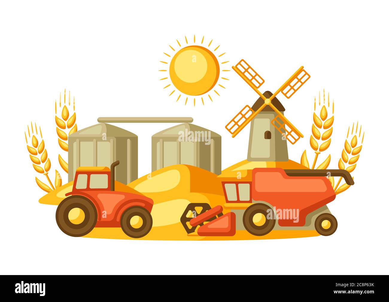 Hintergrund für die Ernte. Mähdrescher, Traktor und Kornspeicher auf Weizenfeld. Stock Vektor