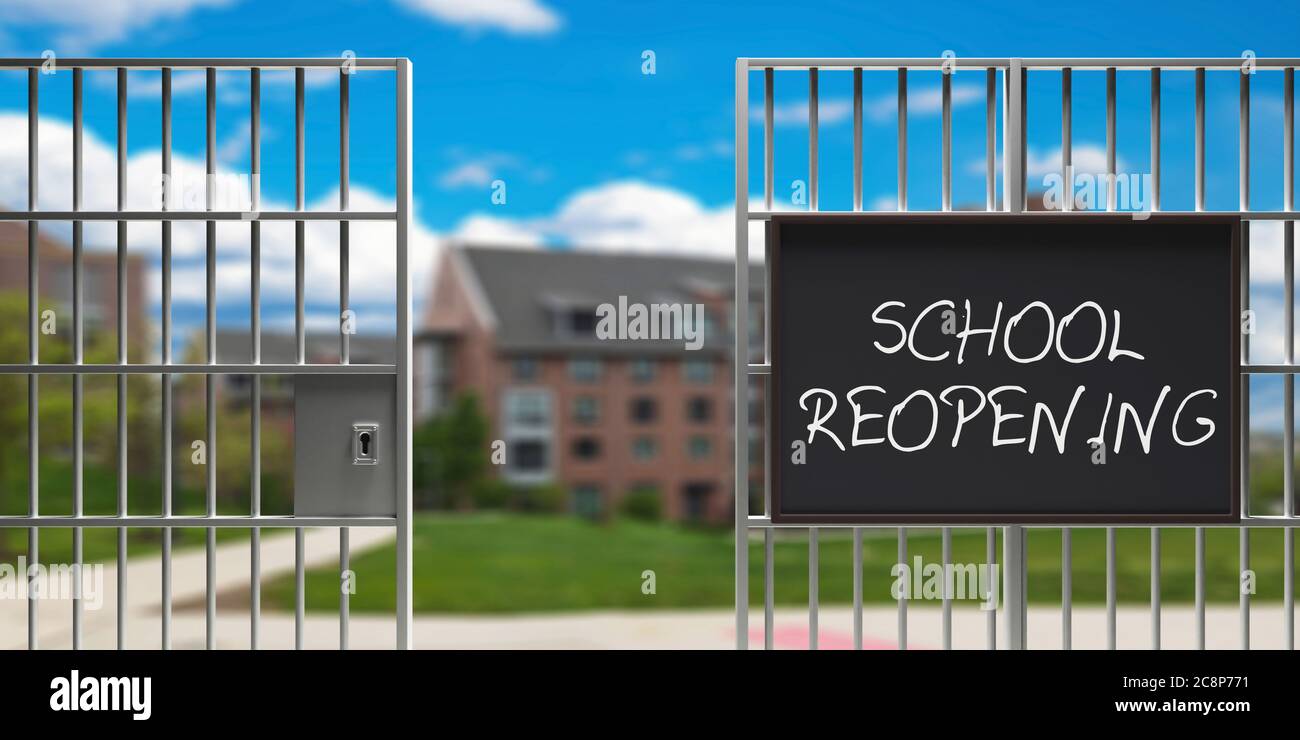 Schule an den Coronavirus Tagen. SCHULE WIEDER ÖFFNEN Textnachricht Zeichen auf Metallzaun, offene Tür Tor, verwischen Gebäude Hintergrund, 3d-Illustration Stockfoto