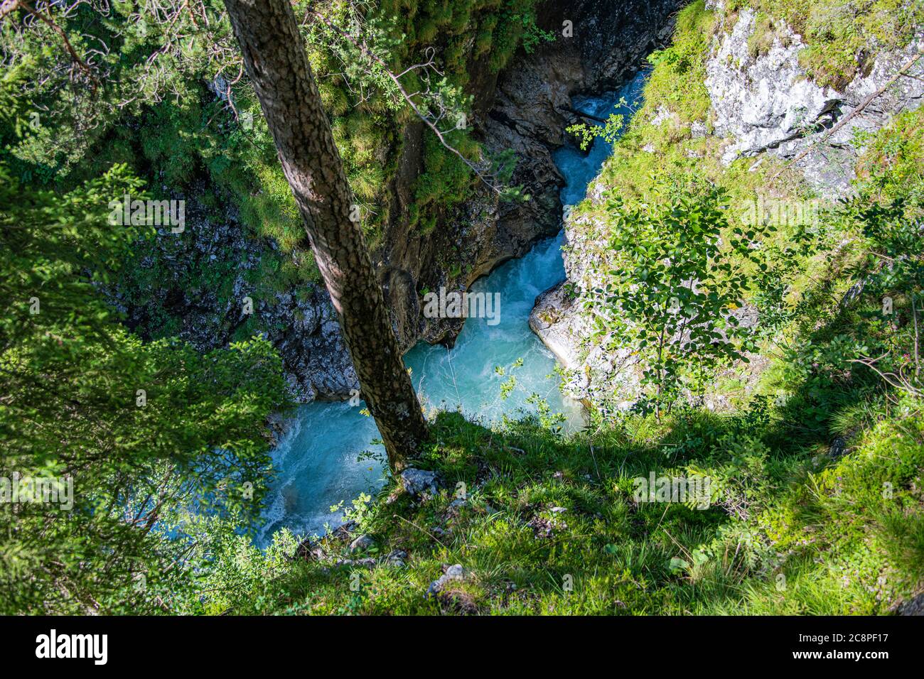 Das blaue Wasser des Baches und die grüne Vegetation an den Ufern Stockfoto