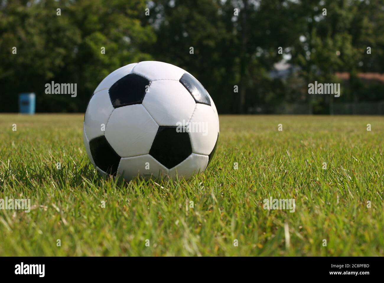 Fußball liegt im grünen Gras bereit gespielt werden. Stockfoto