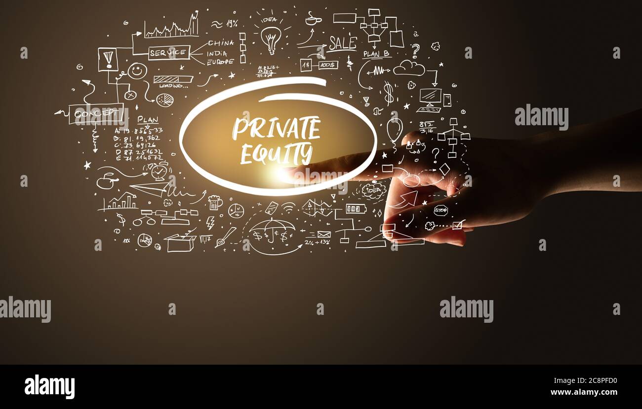 Hand berühren PRIVATE EQUITY Inschrift, handgezeichnete Symbole um, business plan Konzept Stockfoto