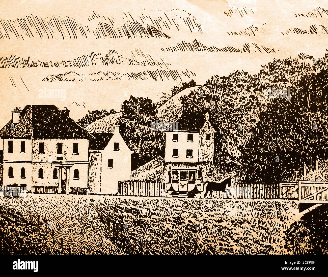 Ein historischer, alter Druck einer Szene in der Nähe von Grosmont Village, North Yorkshire, UK, zeigt die Whitby and Pickering Railway (W&P) Strecke mit einem Zug darauf. 1836, als die erste Etappe eröffnet wurde, war sie eine der ersten Eisenbahnen in Yorkshire. Es verwendete eine einzelne Spur und ein einzelnes Pferd und war 24 Meilen lang, es wurde später im Jahr 1845 absorbiert in die York und North Midland Railway und wurde in eine konventionelle doppelspurige Dampfeisenbahn umgewandelt. Stockfoto