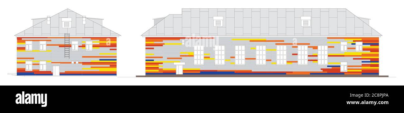 Zeichnung eines Hauses mit hellen farbigen Abstellgleis ausgekleidet. Metallblech Textur des Gebäudes. Wandverkleidung. Helle Paneele. Isolierung von f Stock Vektor