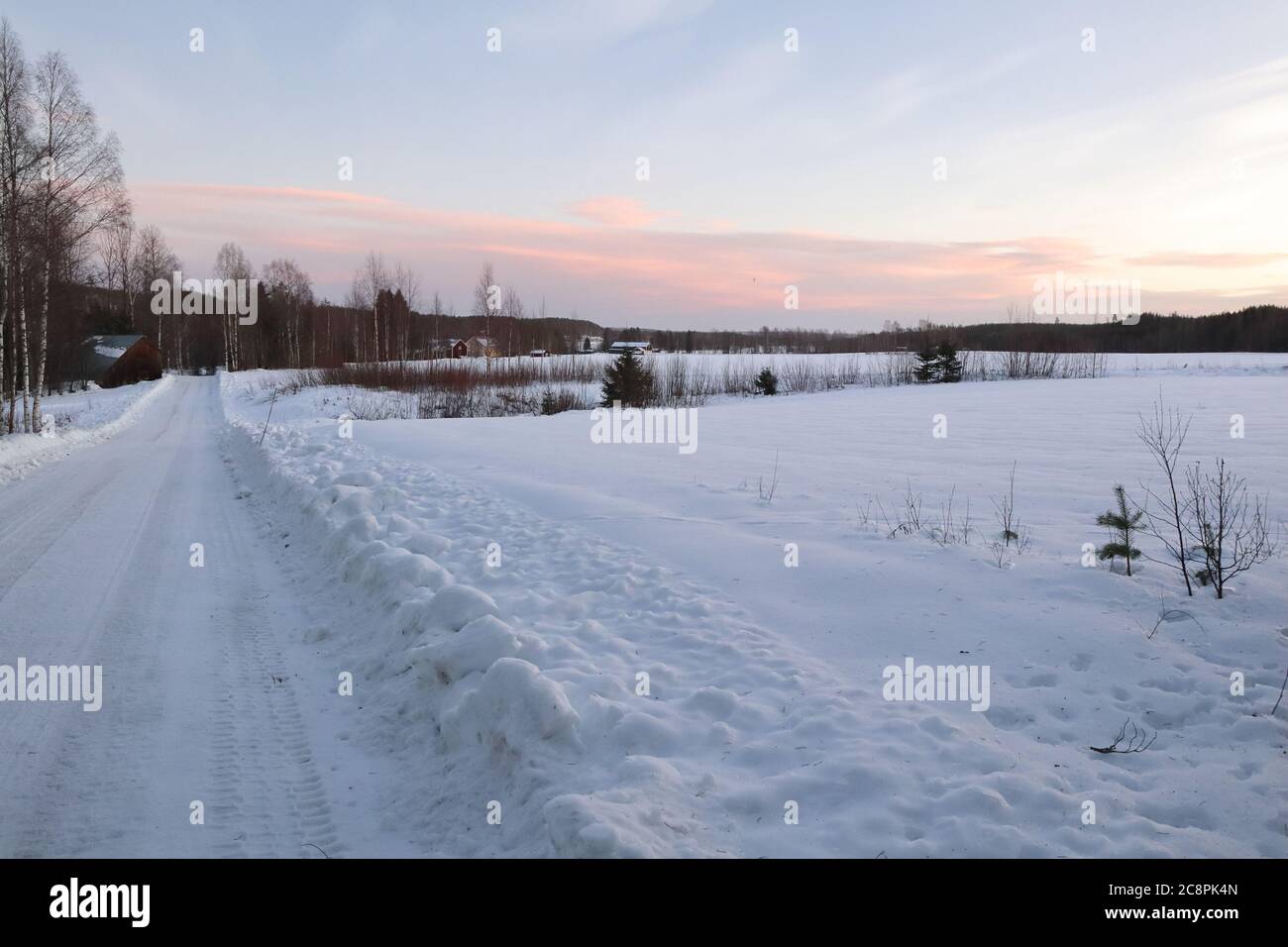 Einsame Straße im Winter in der Landschaft von Lappland, Schweden Stockfoto