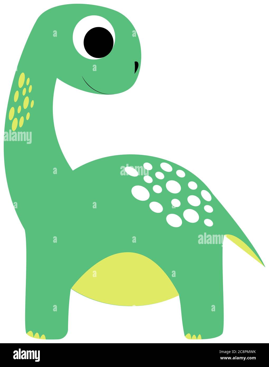 Niedliche Cartoon Dinosaurier. Prähistorisches Motiv für Kinder. Grünes prähistorisches Tier mit langem Hals. Stockfoto