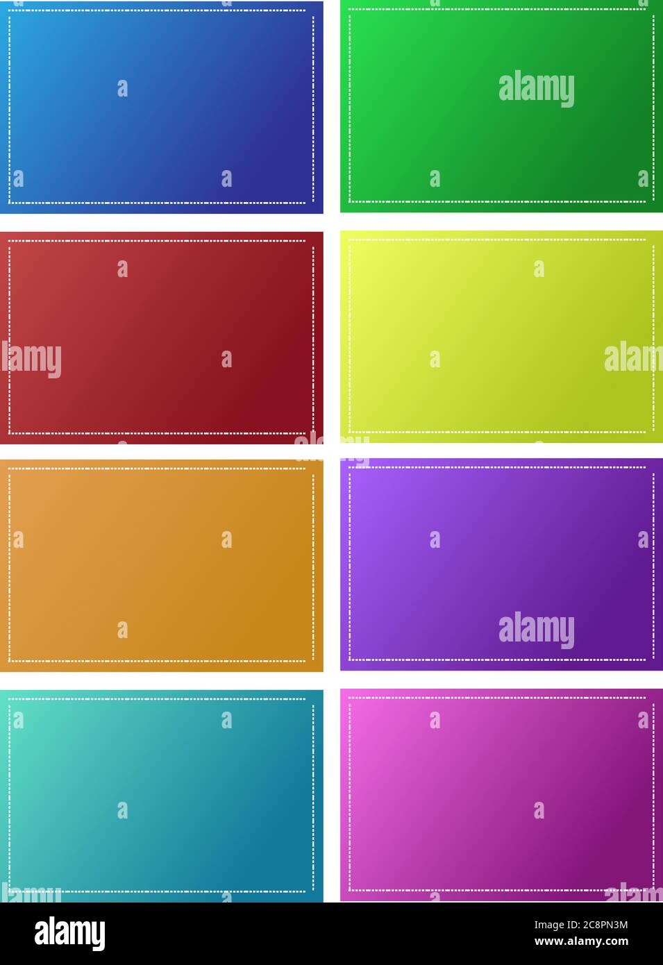 Satz mehrfarbiger Tags mit weißem gestricheltem Rahmen mit Farbverlauf. Freier Speicherplatz für Ihren beliebigen Text. Stockfoto