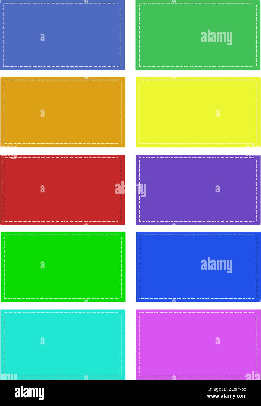 Satz mehrfarbiger Tags mit weißem gestricheltem Rahmen. Freier Speicherplatz für Ihren beliebigen Text. Stockfoto