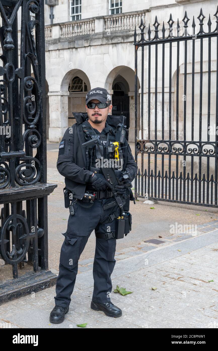Ein vollbewaffneter Metropolitan Police Officer, der dem Diplomatischen Schutzdienst in Whitehall angehört. Stockfoto