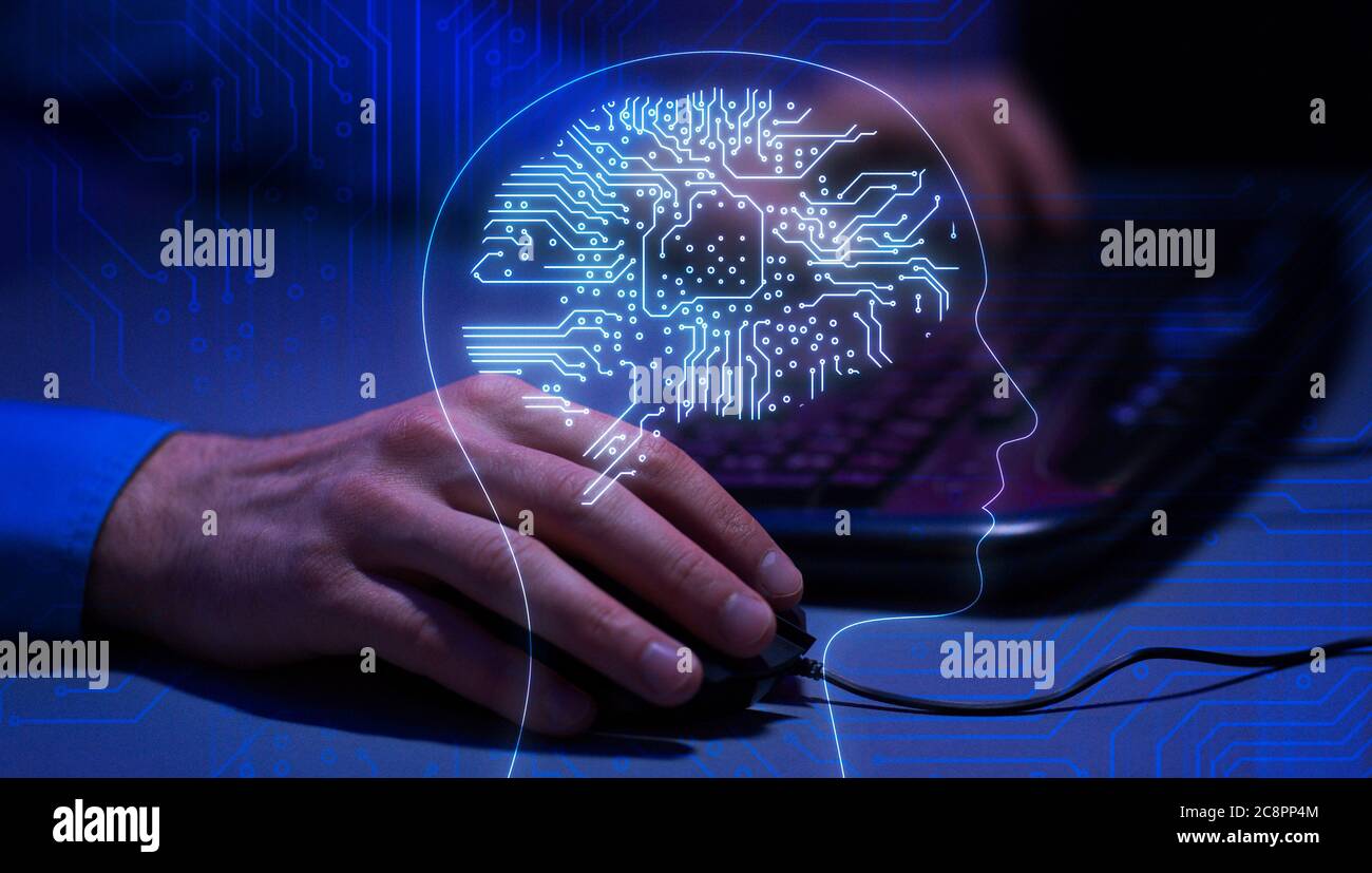AI-Konzept. Menschliche Silhouette Mit Elektronischem Gehirn Über Mann Mit Laptop Geschichtet Stockfoto