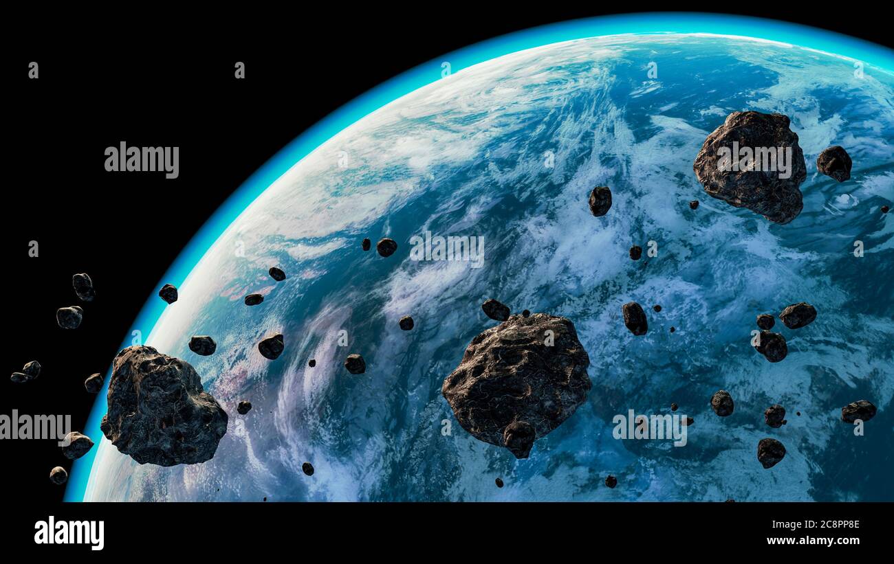 Blauer Planet oder Exoplanet mit Atmosphäre und Wolken und Asteroiden im Vordergrund. Spacescape artist concept 3D Rendering Illustration. Stockfoto