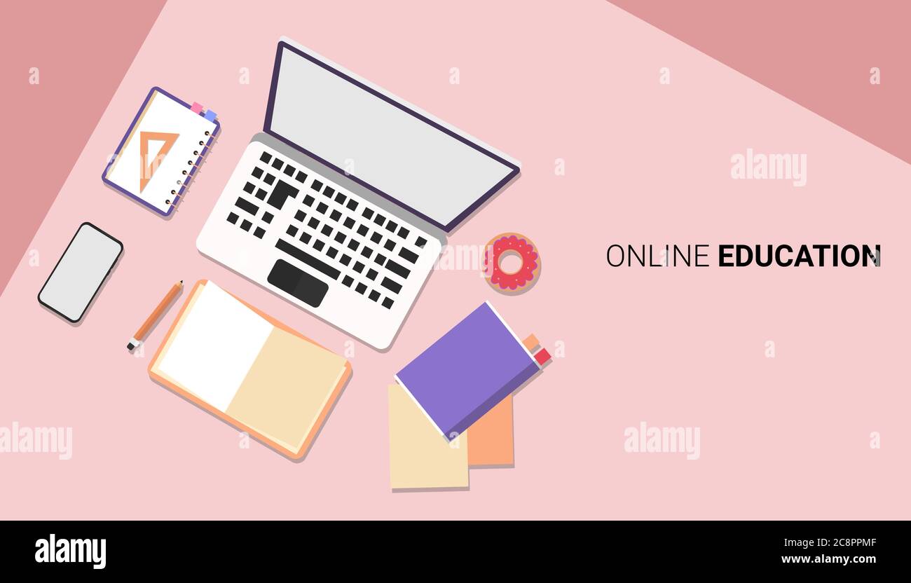 Laptop, Smartphone und Bücher auf dem Tisch des Schülers, Rosa Hintergrund, Vektor Stock Vektor