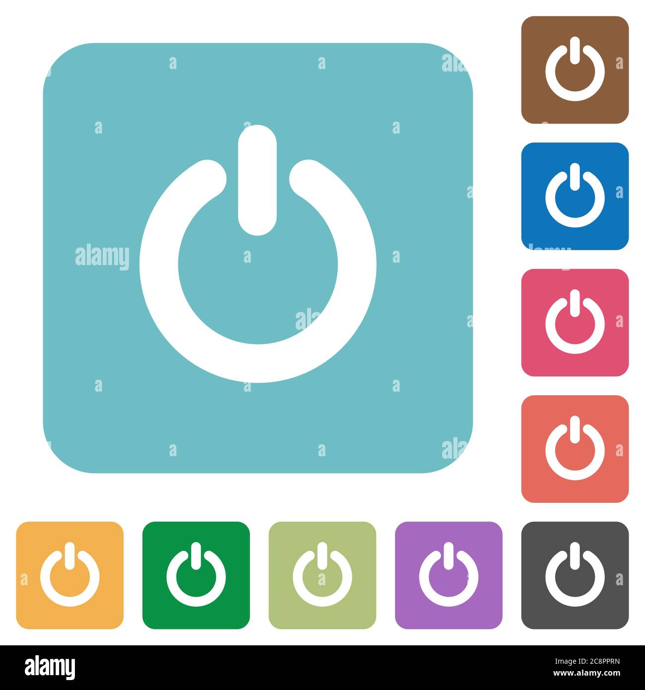 Flache Symbole für Netzschalter auf abgerundeten quadratischen Hintergrundfarben. Stock Vektor