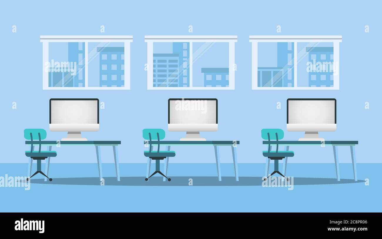 Computer-Klassenzimmer Ohne Schüler Innen, Blauer Hintergrund, Vektor-Illustration Stock Vektor