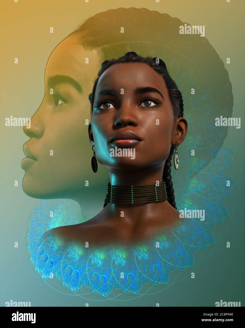 3d-Computergrafik eines Porträts einer selbstbewussten schwarzen Frau Stockfoto