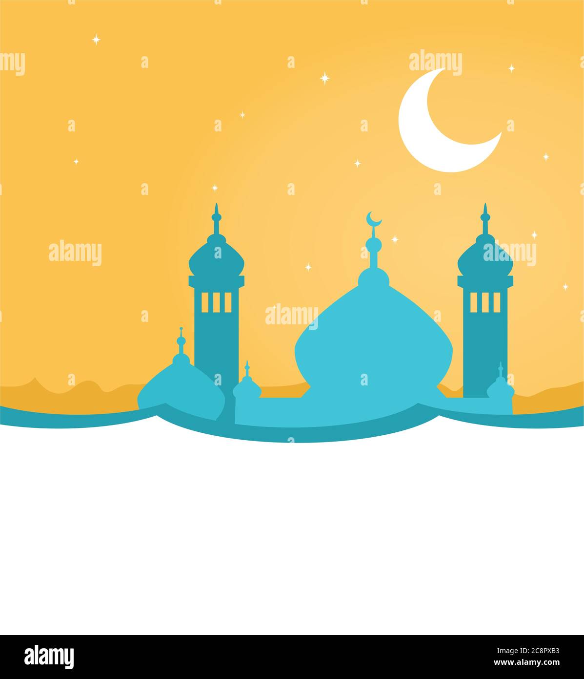 Bunte Eid Grußkarte Design Vorlage mit blauer Moschee. Silhouette der arabischen Skyline mit Moschee, Minaretten und Halbmond gegen Himmel. Stockfoto