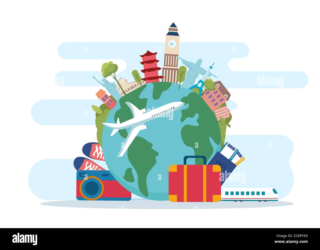 Wahrzeichen von Amerika, Asien, Europa, Großbritannien rund um den Globus Stock Vektor