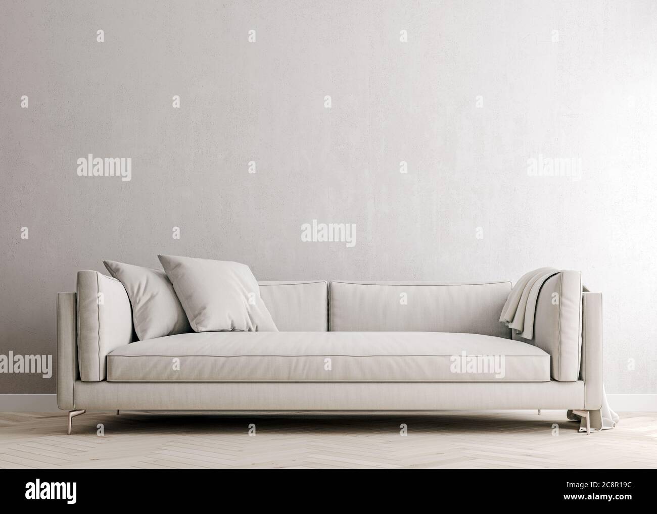 Weiße Betonmockup-Wand mit weißem Stoff Sofa und Kissen, moderne Innenausstattung, negativer Kopieplatz oben, 3d-Rendering, 3d-Illustration Stockfoto