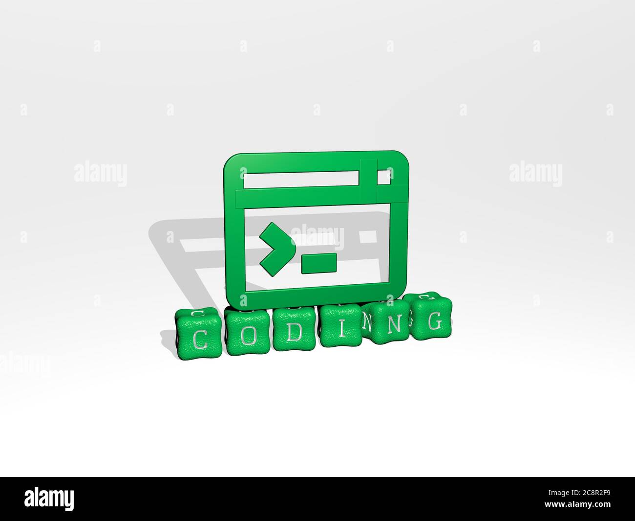 3D-Darstellung der Codierung mit Symbol an der Wand und Text angeordnet durch metallische kubische Buchstaben auf einem Spiegelboden für Konzept Bedeutung und Diashow-Präsentation. Illustration und Code Stockfoto 3D-Darstellung der Codierung mit Symbol an der Wand und Text angeordnet durch metallische kubische Buchstaben auf einem Spiegelboden für Konzept Bedeutung und Diashow-Präsentation. Illustration und Code Stockfoto