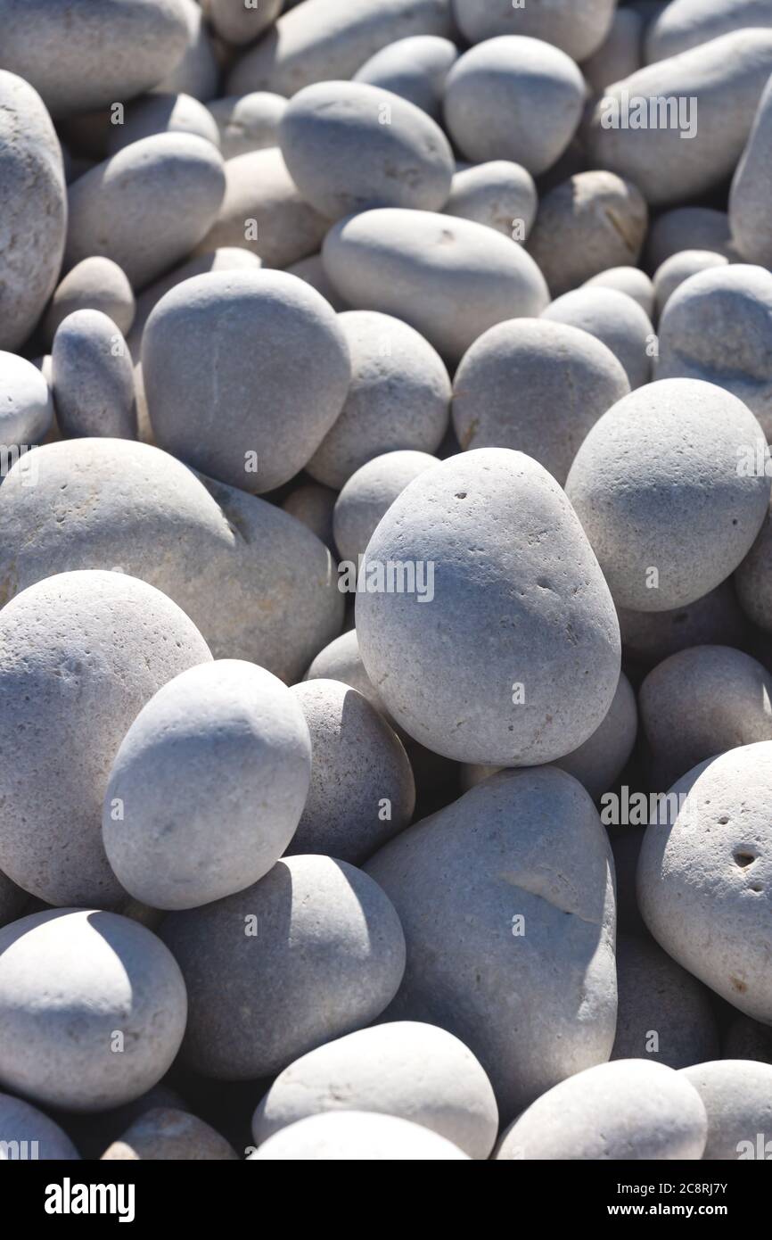 Detail up von hellen weißen und grauen Steinen an einem sonnigen Strand Stockfoto