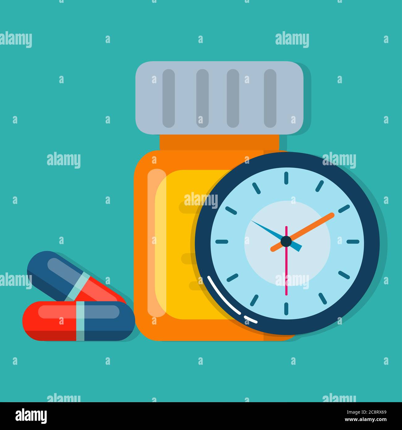 Abbildung des Symbols für die Medikamentenplanung: Medikamentenflasche und -Uhr Stock Vektor