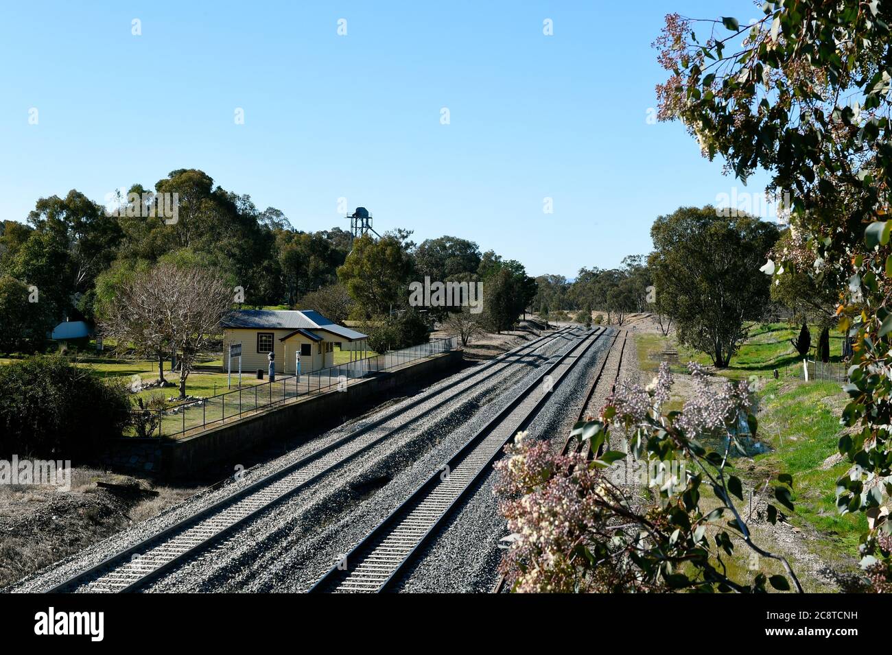 Glenrower, Victoria. Die Glenrowan Station, wo Ned Kelly, durch Schüsse verwundet, behandelt wurde, bevor sie mit dem Zug nach Benalla und Melbourne Gefängnis geschickt wurde. Stockfoto